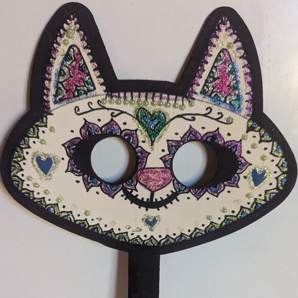 OOAK Sugar Skull Cat Halloween Wood Mask Muertos Artist Masquerade Costume DDLM - Picture 3 of 13